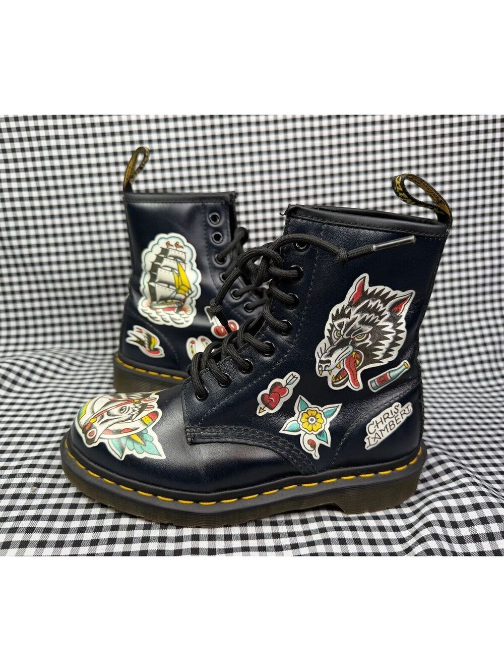 Dr Martens x Chris Lambert 1460 Tattoo Boots Womens 6 UK 4 Navy Leather Rare